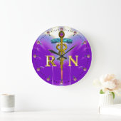 GOLD CADUCEUS REGISTERED NURSE SYMBOL,Blue Purple Große Wanduhr (Zuhause)