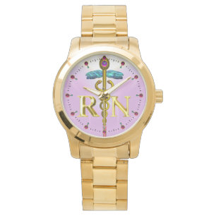 GOLD CADUCEUS REGISTRIERTES NURSE-SYMBOL / Pink,Li Armbanduhr
