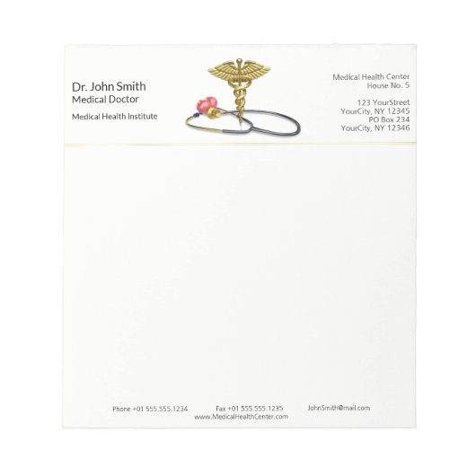 Gold Caduceus & Stethoscope with Heart Medical Notizblock (Vorderseite)