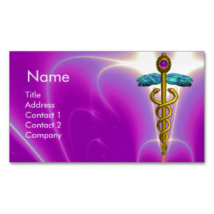 GOLD CADUCEUS SYMBOL / Pink Fuchsia Aquamarin Blau Magnetische Visitenkarte