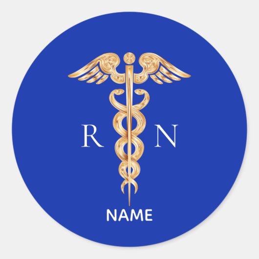 Gold Caduceus Symbol & Registered Nurse Monogram Runder Aufkleber (Vorderseite)