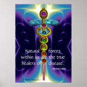 GOLD CADUCEUS UND 7 SCHAKRAS IN BLAUEN LILA WELLEN POSTER (Vorne)