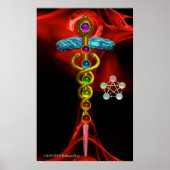 GOLD CADUCEUS UND 7 SCHAKRAS IN ROTER FRAKTAL ROSE POSTER (Vorne)