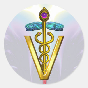 GOLD CADUCEUS VETERINÄRSYMBOL Aquamarin Blau Lila Runder Aufkleber