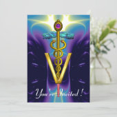 GOLD CADUCEUS VETERINÄRSYMBOL Blau Lila Einladung (Stehend Vorderseite)