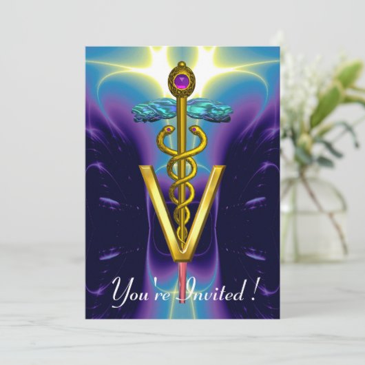GOLD CADUCEUS VETERINÄRSYMBOL Blau Lila Einladung (Stehend Vorderseite)