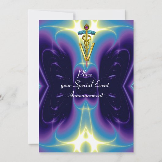 GOLD CADUCEUS VETERINÄRSYMBOL Blau Lila Einladung (Rückseite)