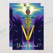 GOLD CADUCEUS VETERINÄRSYMBOL Blau Lila Einladung (Vorne/Hinten)