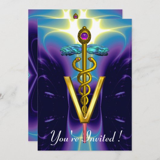 GOLD CADUCEUS VETERINÄRSYMBOL Blau Lila Einladung (Vorne/Hinten)