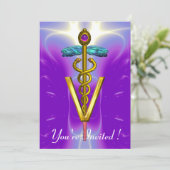 GOLD CADUCEUS VETERINÄRSYMBOL Blau Lila Einladung (Stehend Vorderseite)