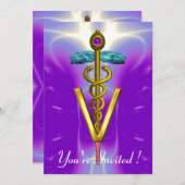 GOLD CADUCEUS VETERINÄRSYMBOL Blau Lila Einladung (Vorne/Hinten)