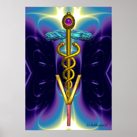 GOLD CADUCEUS VETERINÄRSYMBOL Blau Lila Poster (Vorne)