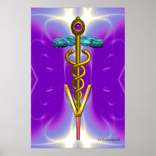 GOLD CADUCEUS VETERINÄRSYMBOL Blau Lila Poster