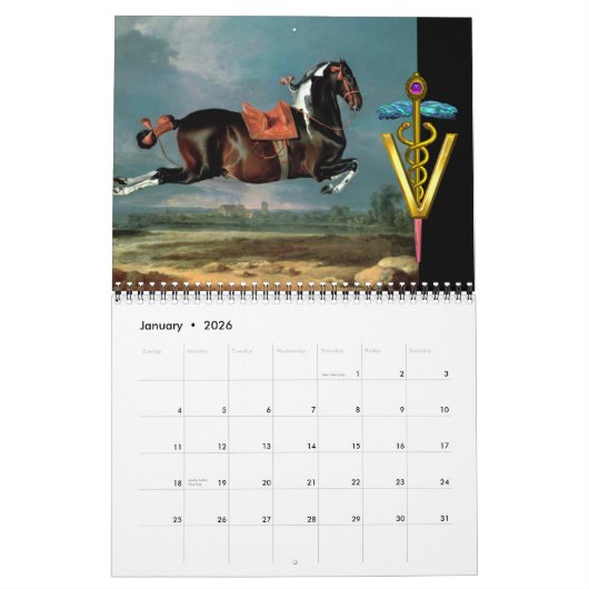 GOLD CADUCEUS VETERINÄRSYMBOL HORSES FINDE ART KALENDER (Jan 2026)