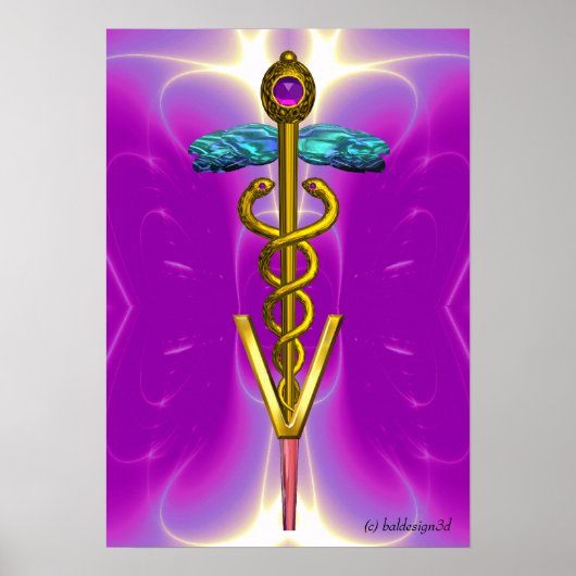 GOLD CADUCEUS VETERINÄRSYMBOL Pink Fuchsia Poster (Vorne)
