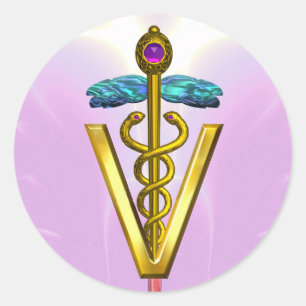 GOLD CADUCEUS VETERINÄRSYMBOL Rosa Weiß Runder Aufkleber