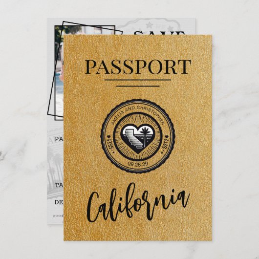 Gold California Passport Save the Date (Vorne/Hinten)