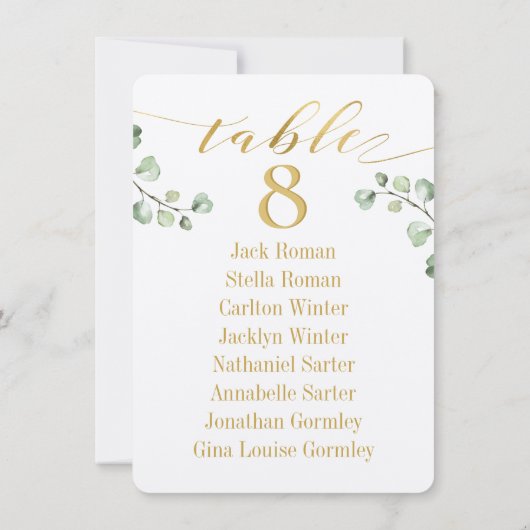 Gold Calligrafy Greenery Table Cards Einladung (Rückseite)