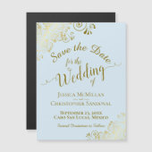 Gold Calligrafy Powder Blau Speichern Sie das Date Magnetkarte (Vorne/Hinten)