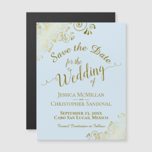 Gold Calligrafy Powder Blau Speichern Sie das Date Magnetkarte