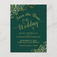 Gold Calligrafy Wedding Save the Date Emerald