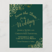 Gold Calligrafy Wedding Save the Date Emerald Ankündigungspostkarte (Vorderseite)