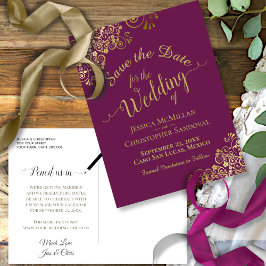 Gold Calligrafy Wedding Save the Date Magenta Ankündigungspostkarte