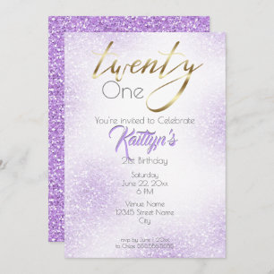 Gold Calligraphie und Chic Lilac Glitzer 21. Einladung