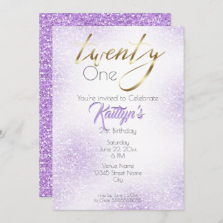 Gold Calligraphie und Chic Lilac Glitzer 21. Einladung