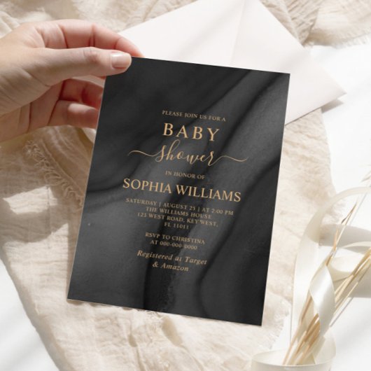 Gold Calligraphy & Black Baby Shower Einladung