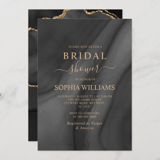 Gold Calligraphy & Black Bridal Dusche Einladung (Vorne/Hinten)