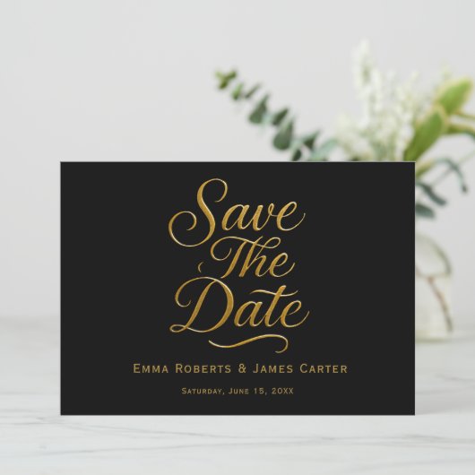 Gold Calligraphy Black QR Save the Date (Stehend Vorderseite)