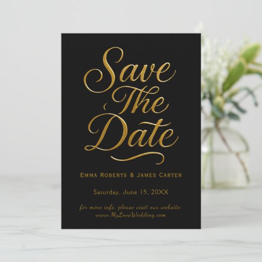 Gold Calligraphy Black Save the Date (Stehend Vorderseite)