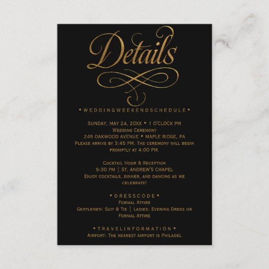 Gold Calligraphy Black Wedding Insert Card (Vorderseite)