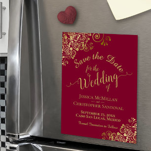 Gold Calligraphy Burgundy Red Speichern Sie das Da Magnetkarte