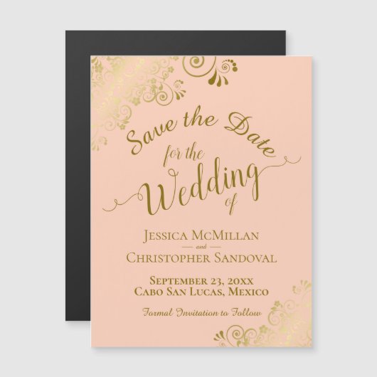 Gold Calligraphy Coral Peach Speichern Sie das Dat Magnetkarte (Vorne/Hinten)