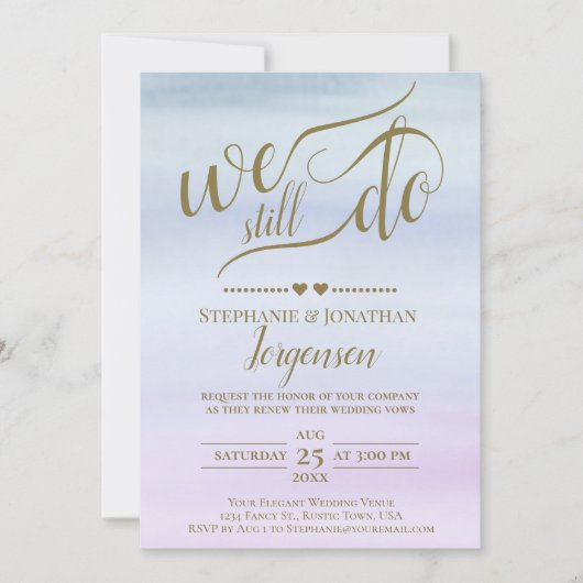 Gold Calligraphy Dusty Blue & Lilac Vow Renewal Einladung (Vorderseite)