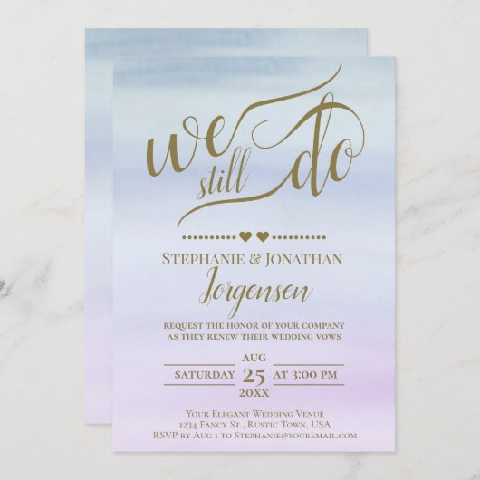 Gold Calligraphy Dusty Blue & Lilac Vow Renewal Einladung (Vorne/Hinten)