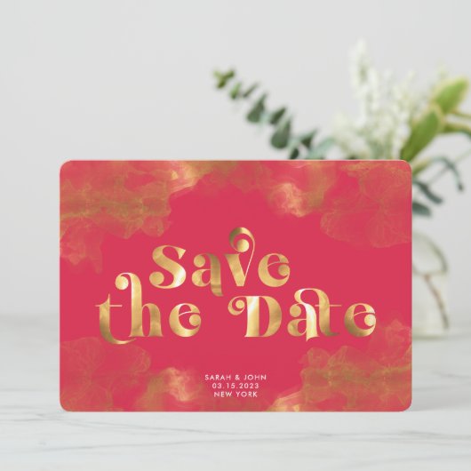 Gold Calligraphy Elegant Magenta QR Code Save The Date (Stehend Vorderseite)