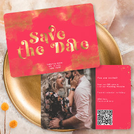 Gold Calligraphy Elegant Magenta QR Code Save The Date
