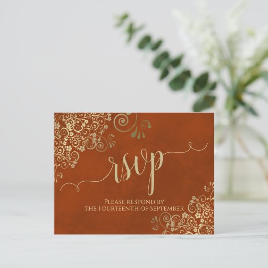 Gold Calligraphy Elegant Rust Orange Wedding RSVP Postkarte (Stehend Vorderseite)