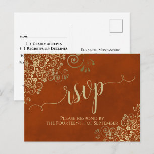 Gold Calligraphy Elegant Rust Orange Wedding RSVP Postkarte