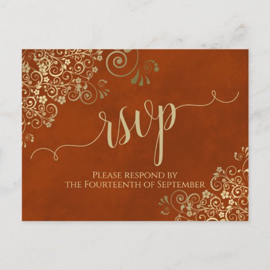 Gold Calligraphy Elegant Rust Orange Wedding RSVP Postkarte (Vorderseite)