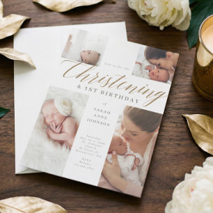 Gold Calligraphy Foto Christening & 1. Geburtstag Einladung
