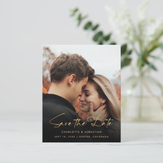 Gold Calligraphy Foto Save the Date Card (Stehend Vorderseite)