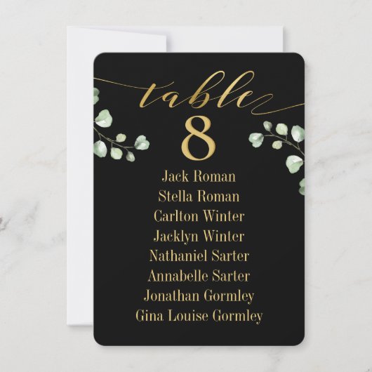 Gold Calligraphy Greenery Black Seating Chart Card Einladung (Vorderseite)