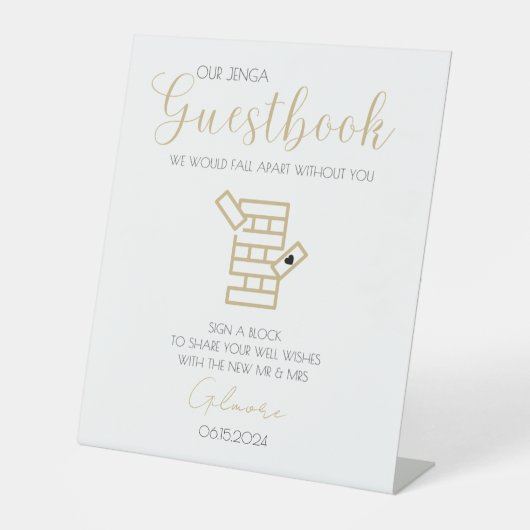 Gold Calligraphy Jenga Gästebuch Wedding Sign-In Sockelschild (Vorderseite)