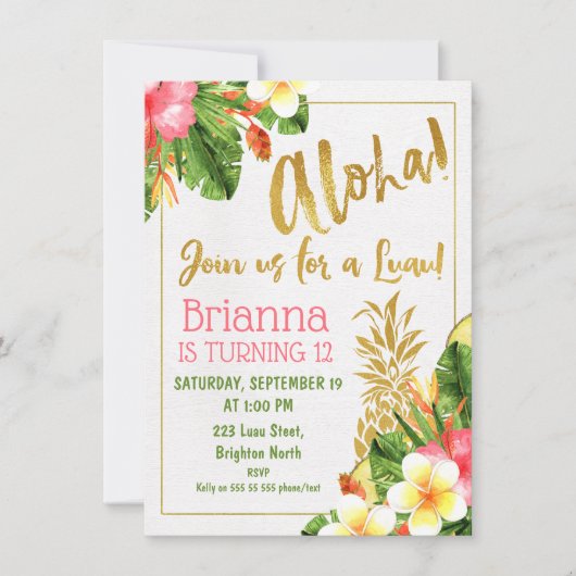 Gold Calligraphy Luau Birthday Einladung (Vorderseite)