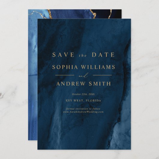 Gold Calligraphy & Navy Blue Save the Date Einladung (Vorne/Hinten)