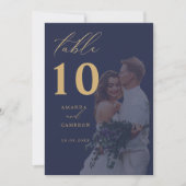 Gold Calligraphy Navy Foto Wedding Tischnummer (Vorderseite)